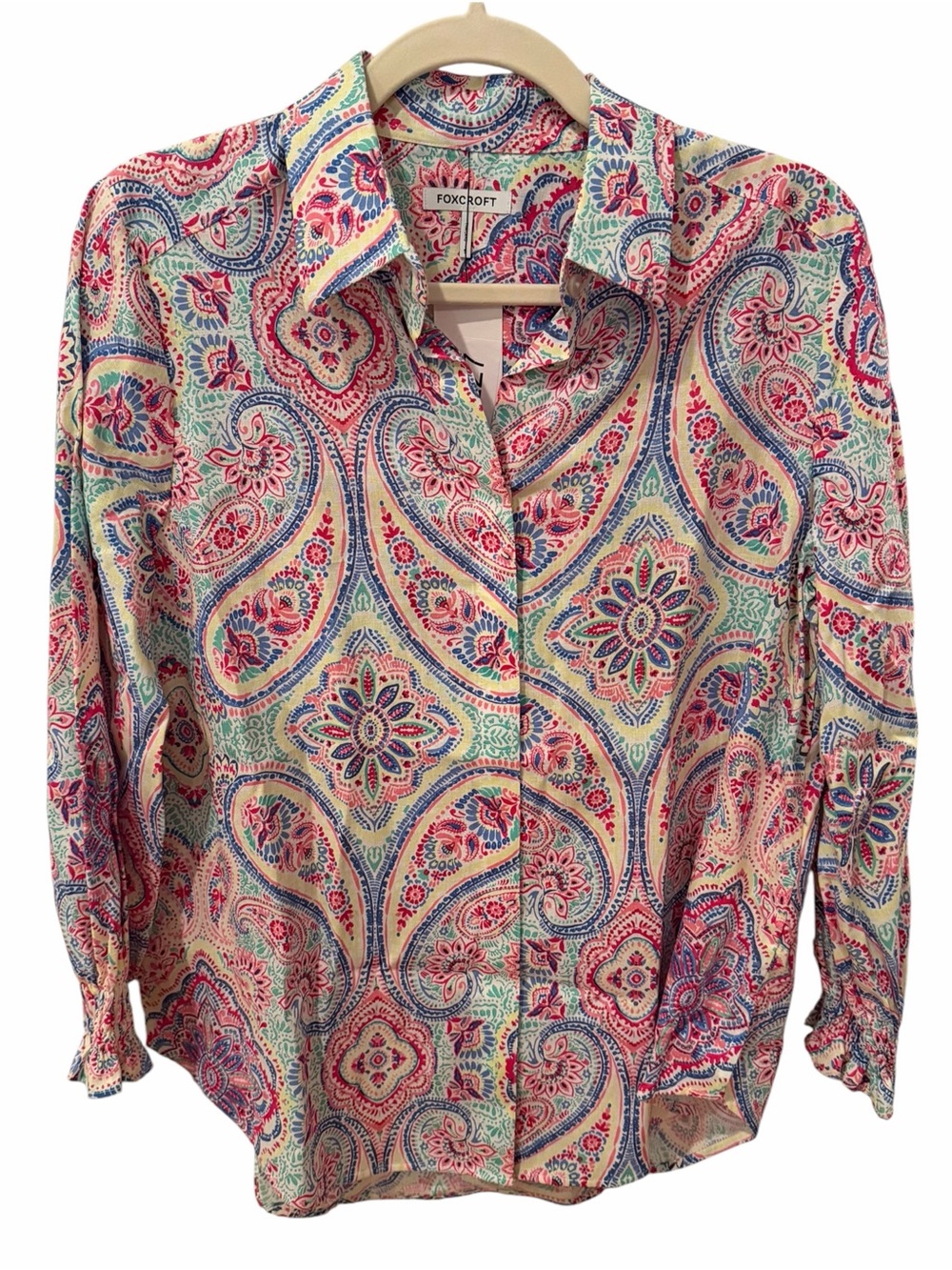 Foxcroft Paisley Linen Blend Button Front Blouse Multicolor Small Sample NWT